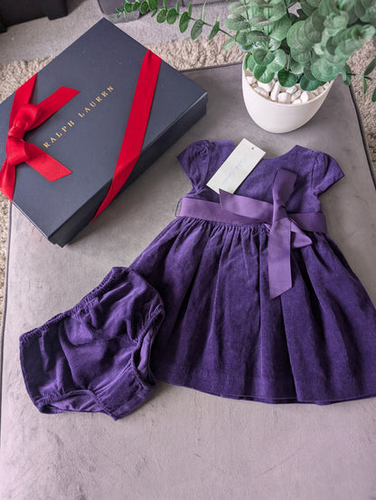 New Ralph Lauren Baby Girls Corduroy Purple Dress Belted + Bloomer Gift Cute 3-6