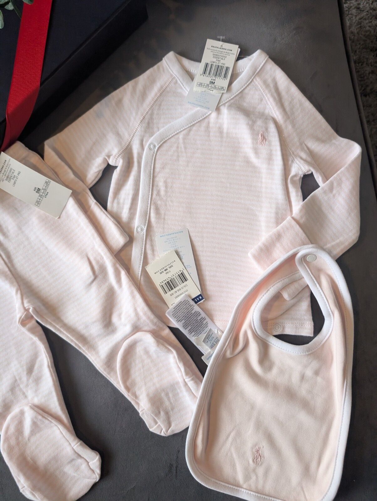 New Ralph Lauren Baby Girl 3 Piece Set Pants Top + Bib Pink Stripe Gift 6-9m