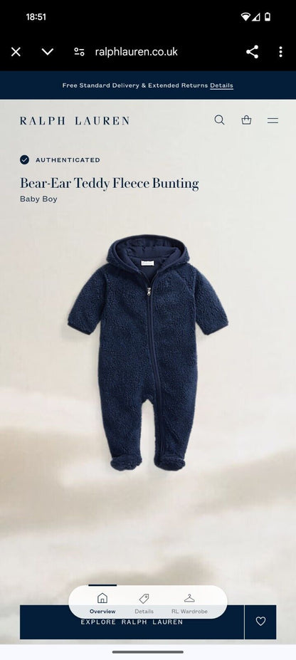 New Ralph Lauren baby boys faux shearling bear all in one snowsuit baby gift 3-6