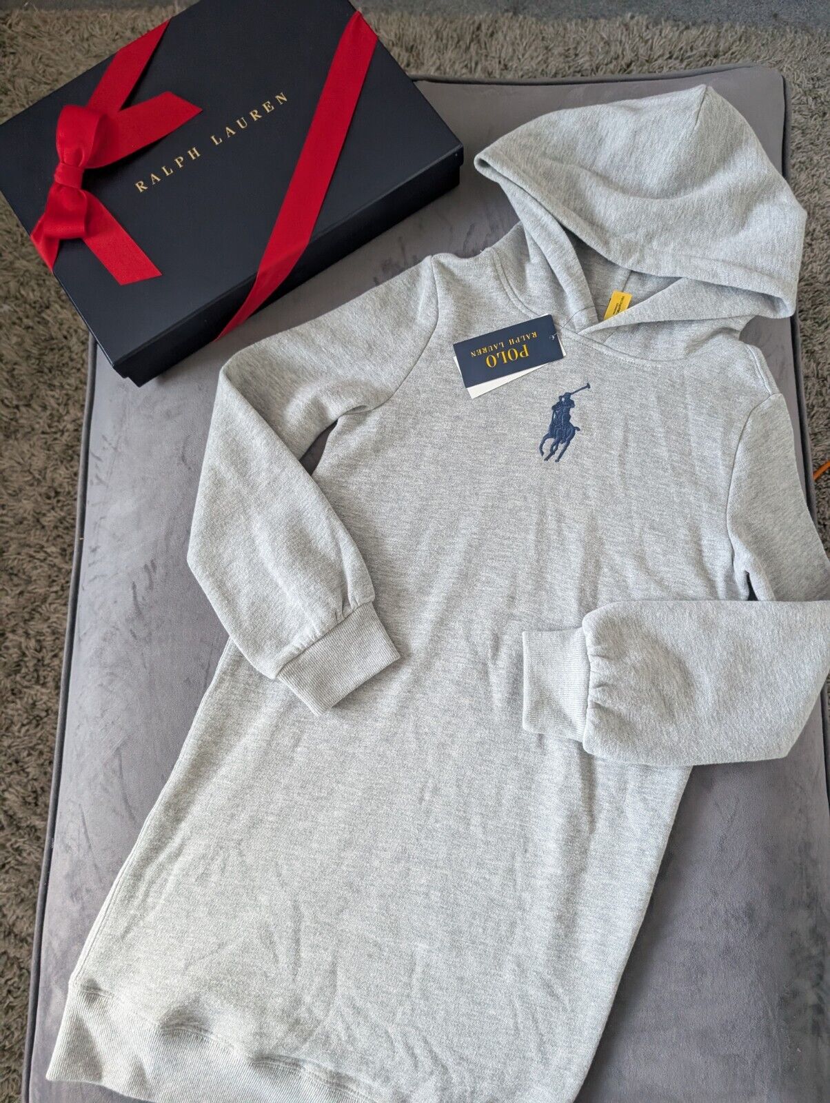 New Ralph Lauren Girls Hoodie Jumper Dress Polo Grey Logo Smart  8-10yr Gift