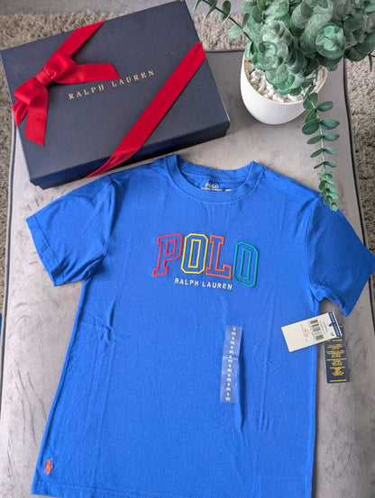 New Ralph Lauren Boys Blue Smart Pony T Shirt Age 8 Casual Embroided Rainbow