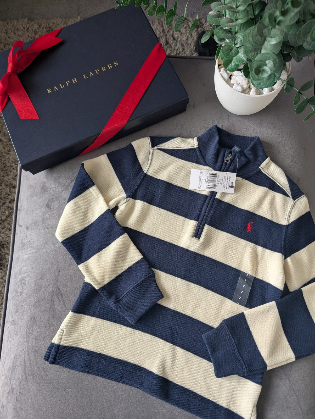 New Ralph Lauren boys Navy 1/4 zip knit jacket Navy Cream Stripe Smart Boys 6-7y