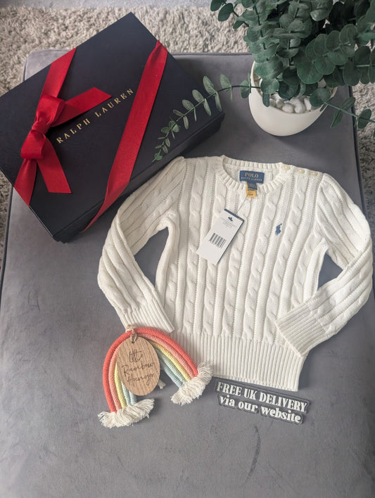 New Unisex Ralph Lauren Cream cable knit long sleeve jumper Smart Casual 3-4y