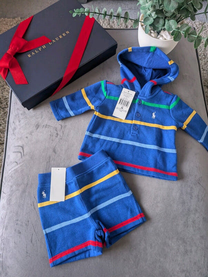 New Ralph Lauren Baby Boy Blue Short And Hoodie Set Gift Stripe Multi 0-3m Cute