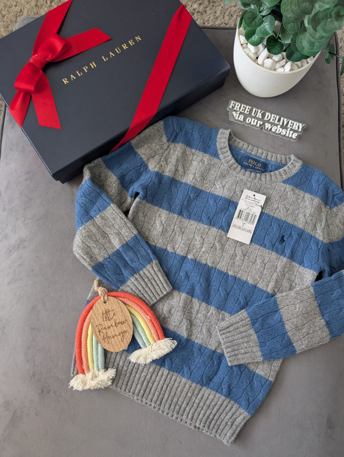 New Boys Ralph Lauren Blue Grey Stripe Cable knit jumper Cashmere Blend 6/7yr