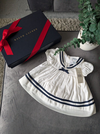 New stunning Ralph Lauren baby girls sally sailor dress white navy bow 0-3m