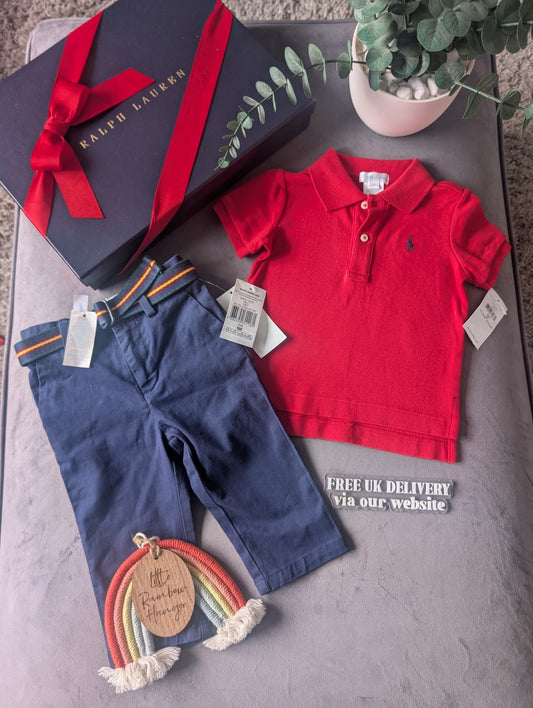 New adorable Ralph Lauren boys Polo Shirt Red + Navy Chino + Belt Age 9m Gift