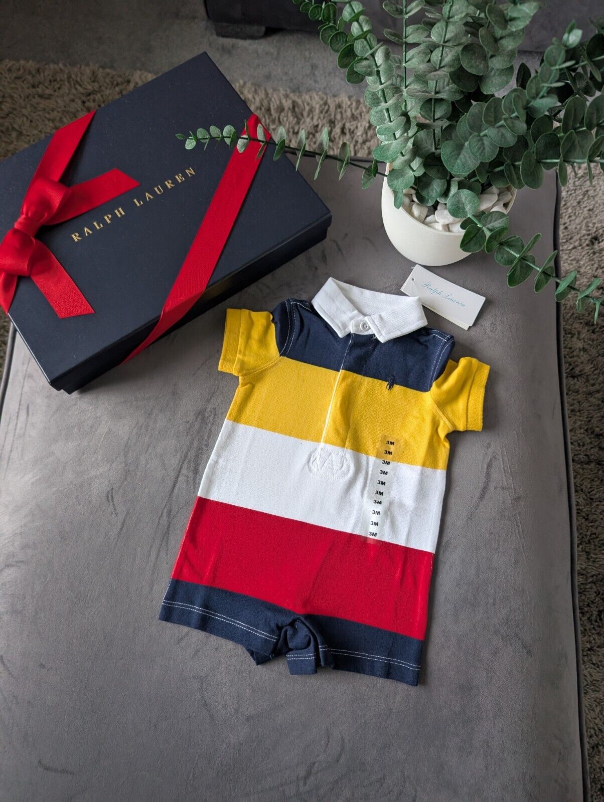 New Ralph Lauren Baby Boy Navy Yellow Stripe Romper 0-3m Gift Cute Baby Summer