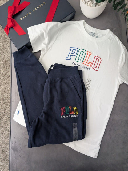 New Ralph Lauren Boys Kids Top + Jogger White Navy Embroided Logo Pony 10yr Gift