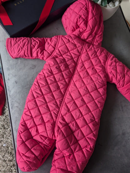 New ralph lauren Pink Quilted fleece lined pram suit snowsuit 0-3 Gift Girls