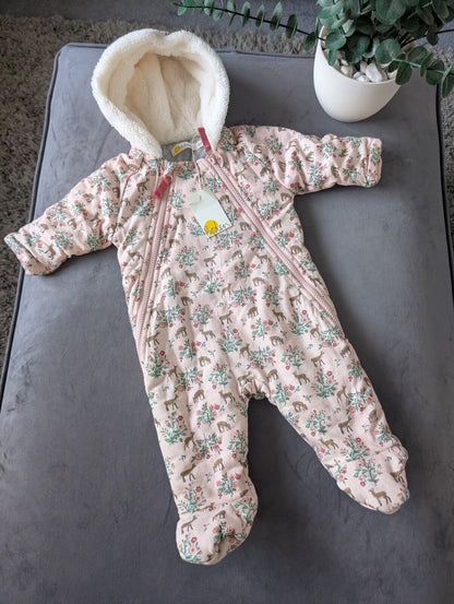 New Boden Baby Girls Snowsuit Sherpa Lined All In One pink Deer 0-3m Gift Cute