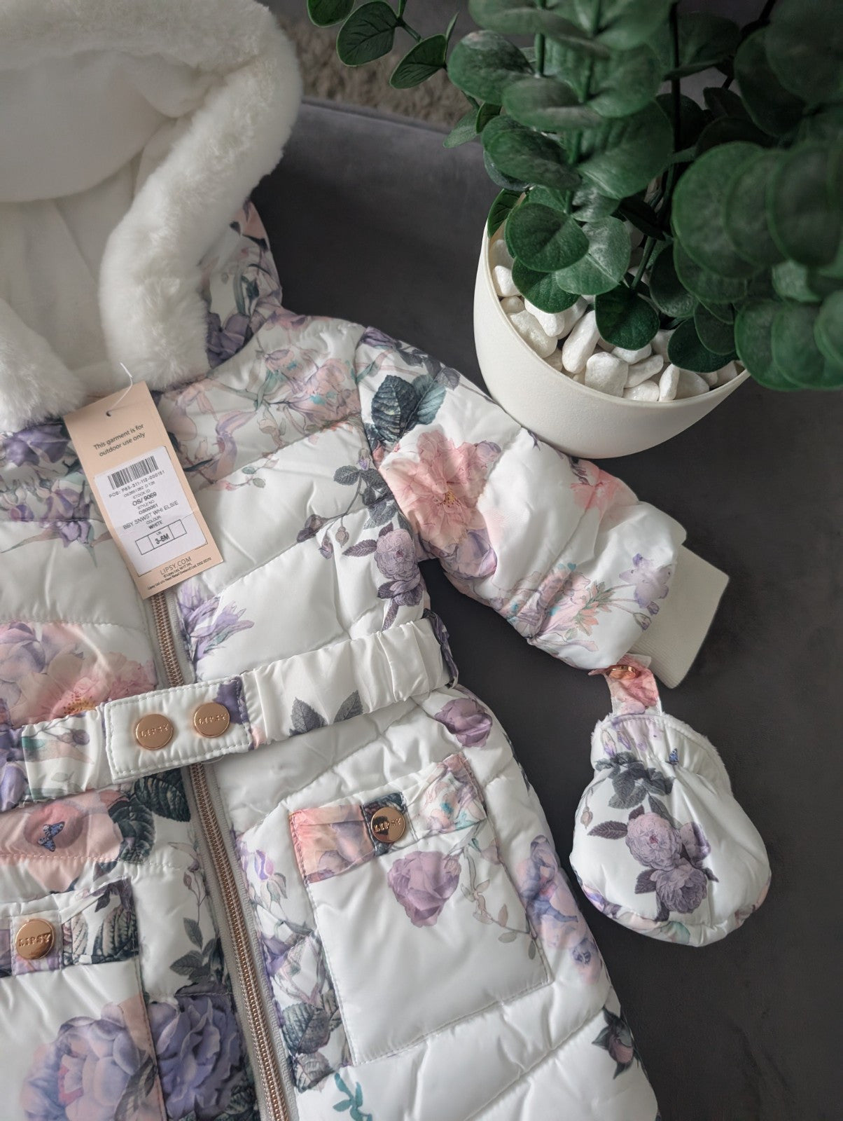 NEW Gorgeous Faux Fur Lined Soft Floral Pink Roses Lipsy Snowsuit/pramsuit 3-6m