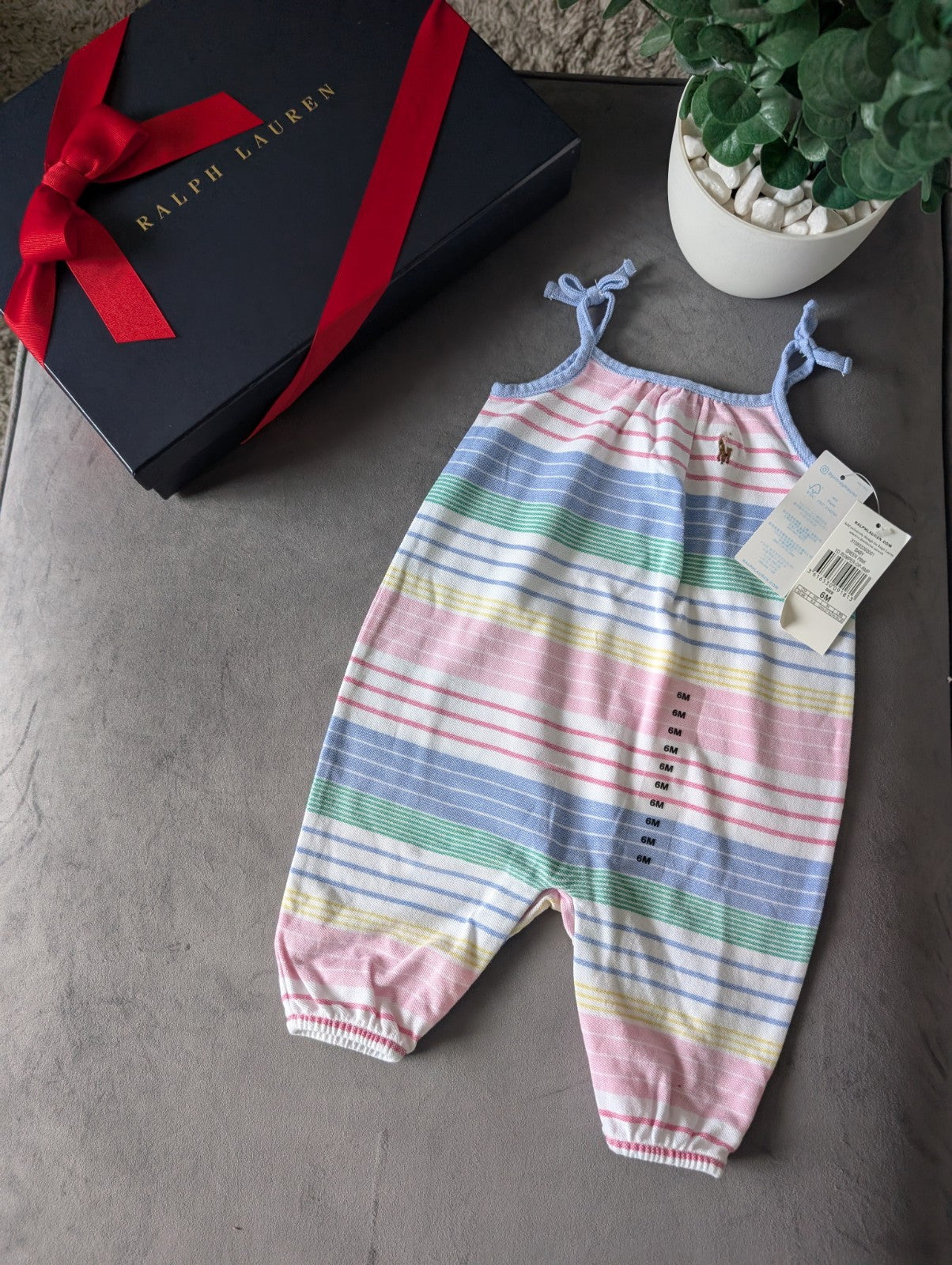 New Ralph Lauren Bubble Shortall Pink Stripe Summer Multi Romper One-Piece 3-6m