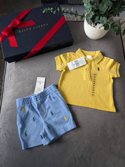 New polo Ralph Lauren baby Polo Shirt Yellow + Pony Embroidery Shorts 3m gift