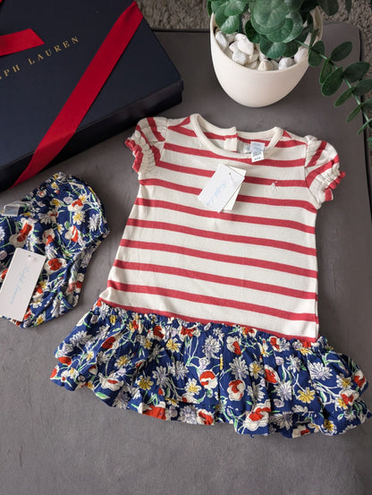 New Ralph Lauren Stripe Floral Baby Girls Frill  Polo Dress 3-6 Months Gift 2pc