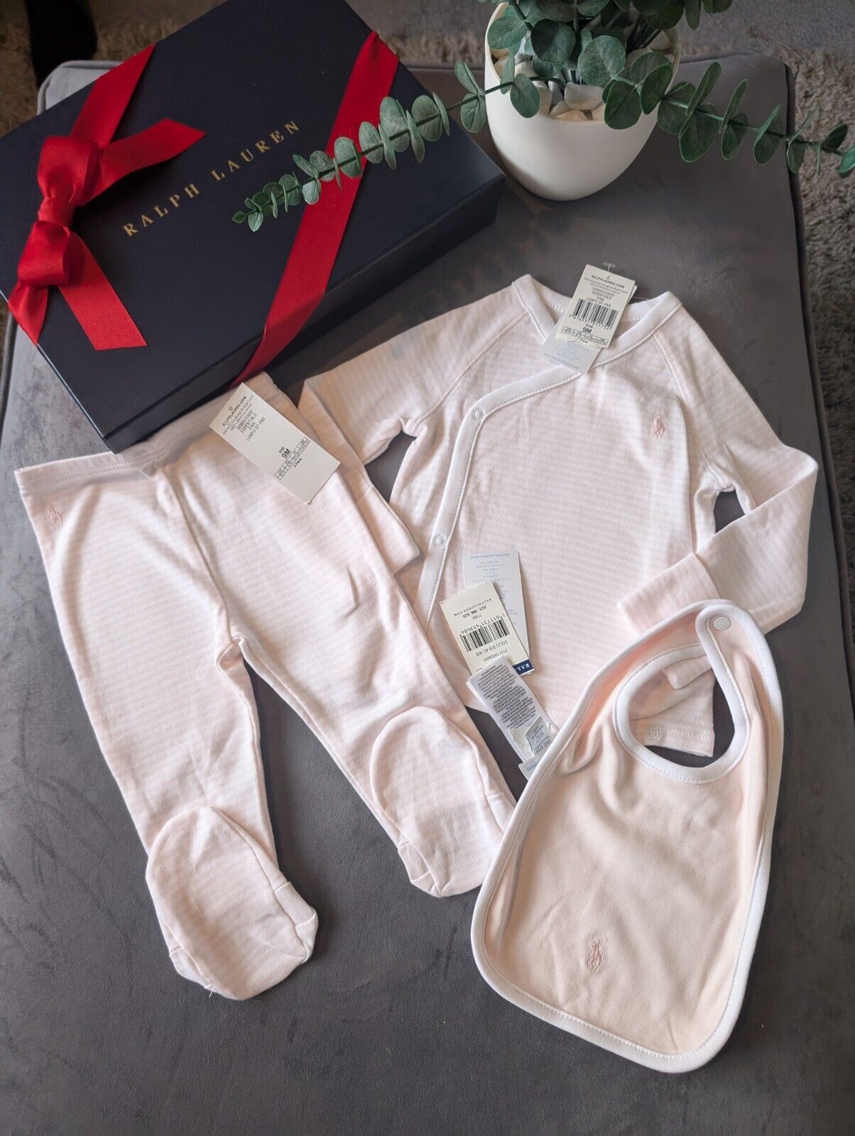 New Ralph Lauren Baby Girl 3 Piece Set Pants Top + Bib Pink Stripe Gift 6-9m