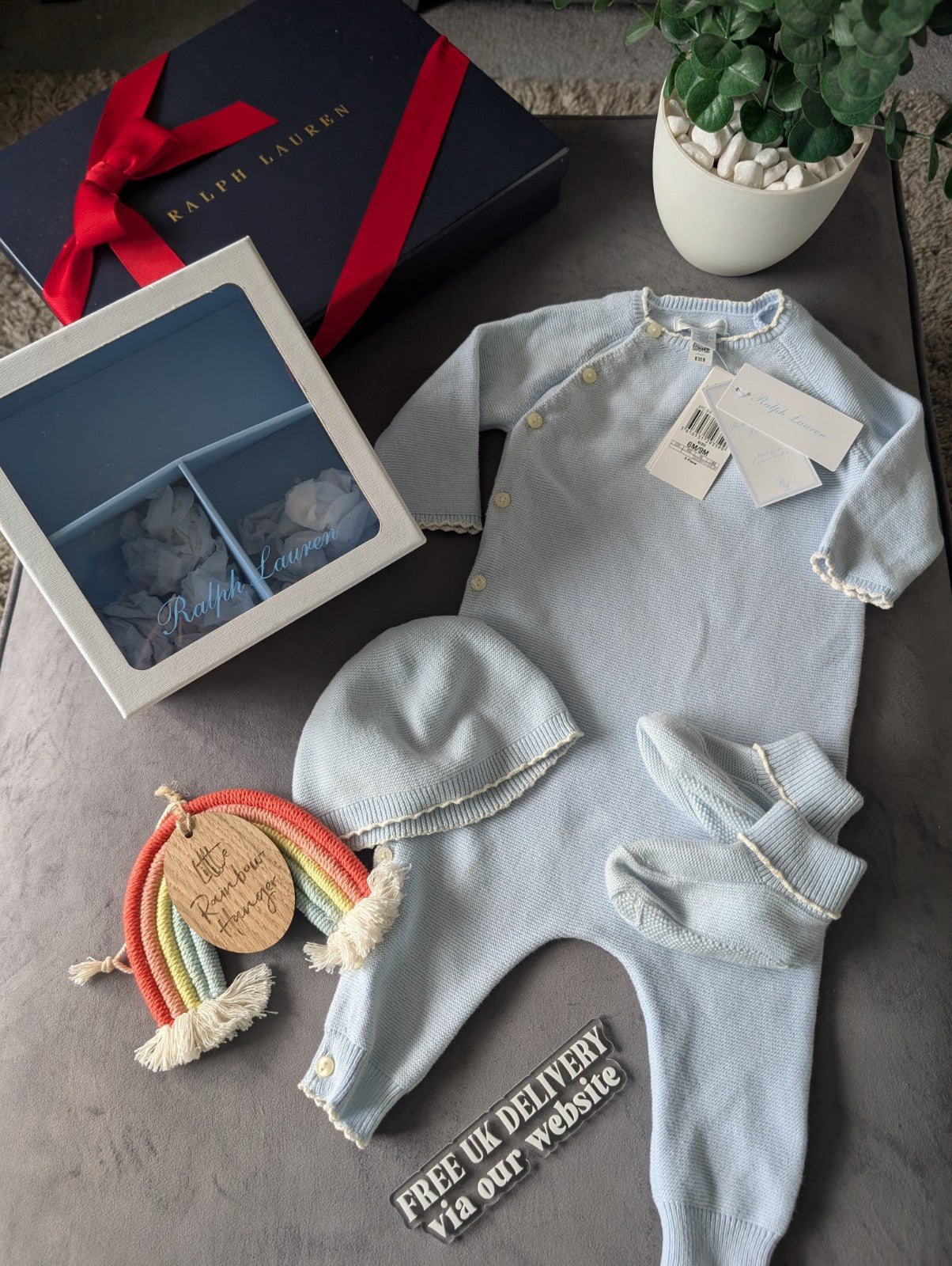 New Ralph Lauren Boys New Baby 3 Piece Gift Set Stripe  6-9 m BlueRRP £115