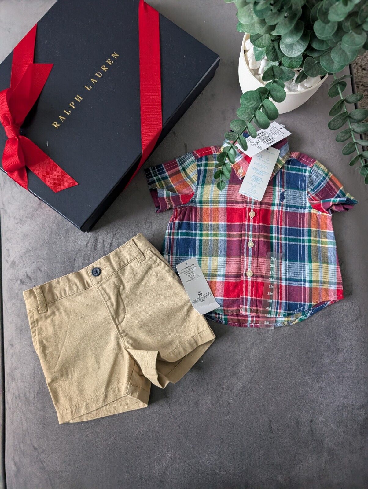 New adorable Ralph Lauren boys Check Shirt + Chino Short Smart Cute 0-3m Gift