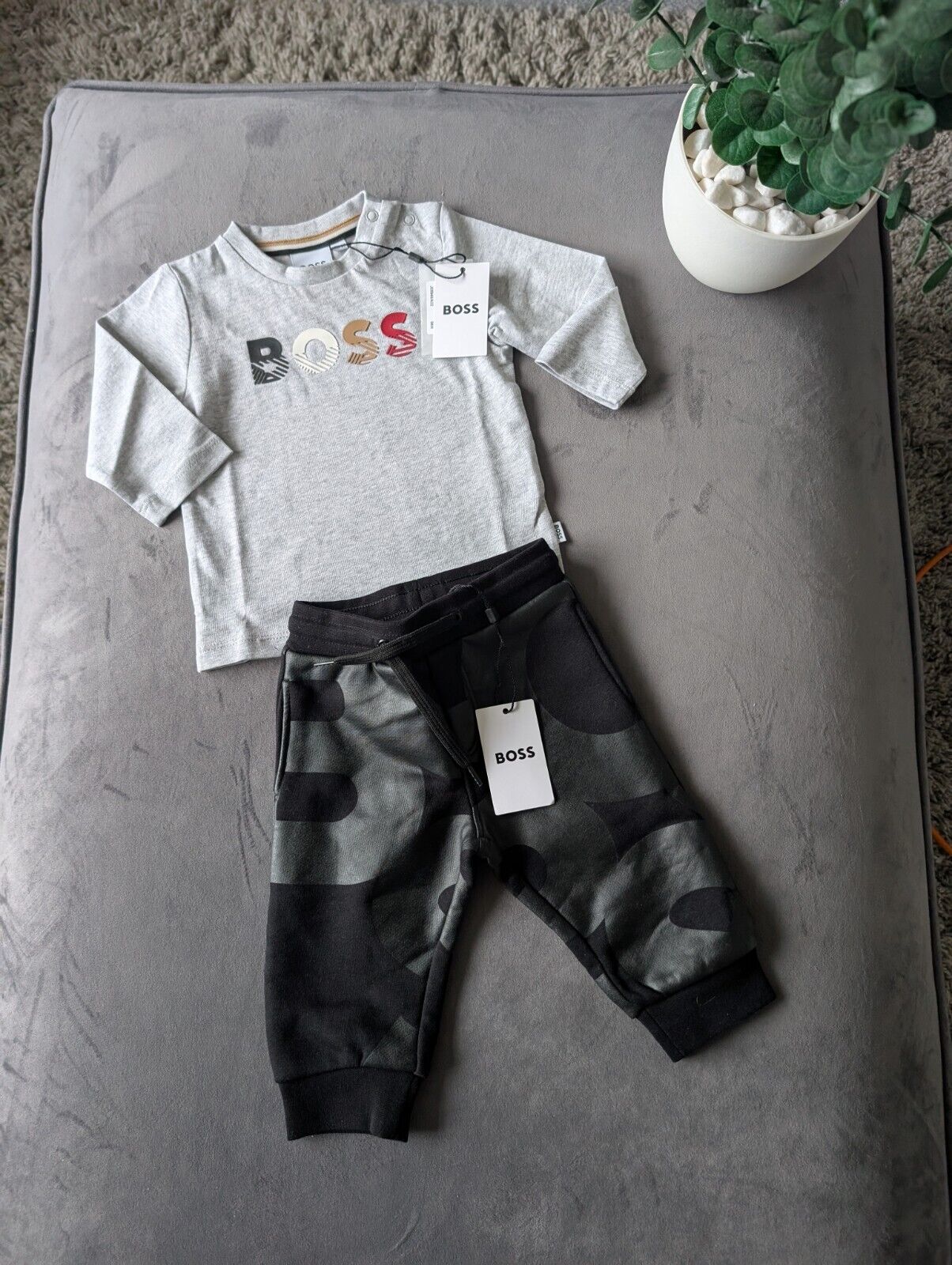 New Hugo Boss Grey Black Baby Full Jacket 0-6m Baby Boy Jogger + Top Set  Gift