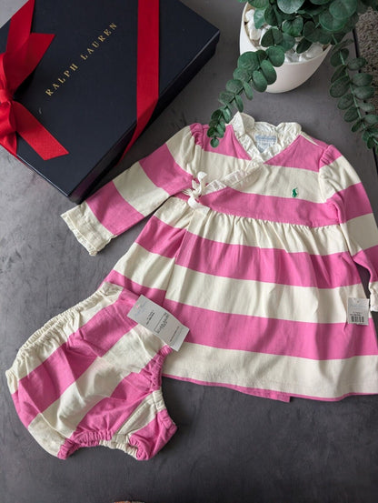 New Stunning Ralph Lauren Baby Girls Pink White Stripe Dress + Bloomer 6-9m Gift