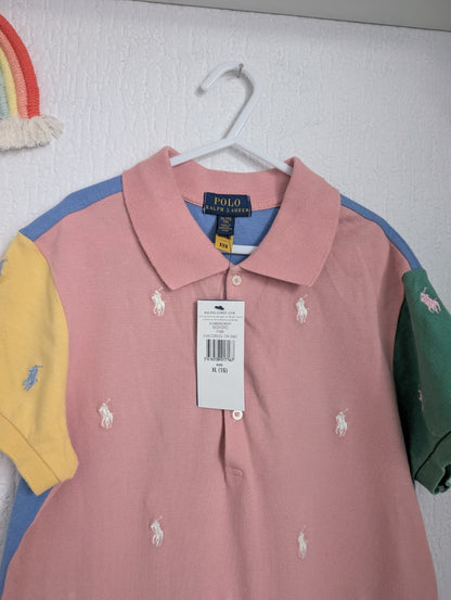 New Ralph Lauren Polo Tennis Dress Pink Patchwork Embroidery Pony 16y Summer