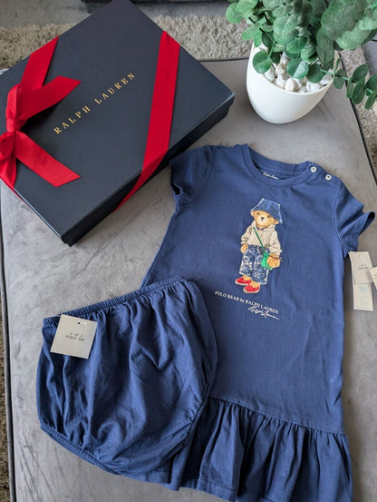 New Gorgeous Ralph Lauren Girls Navy Dress + Bloomers Age 2 Gift Gift Bear