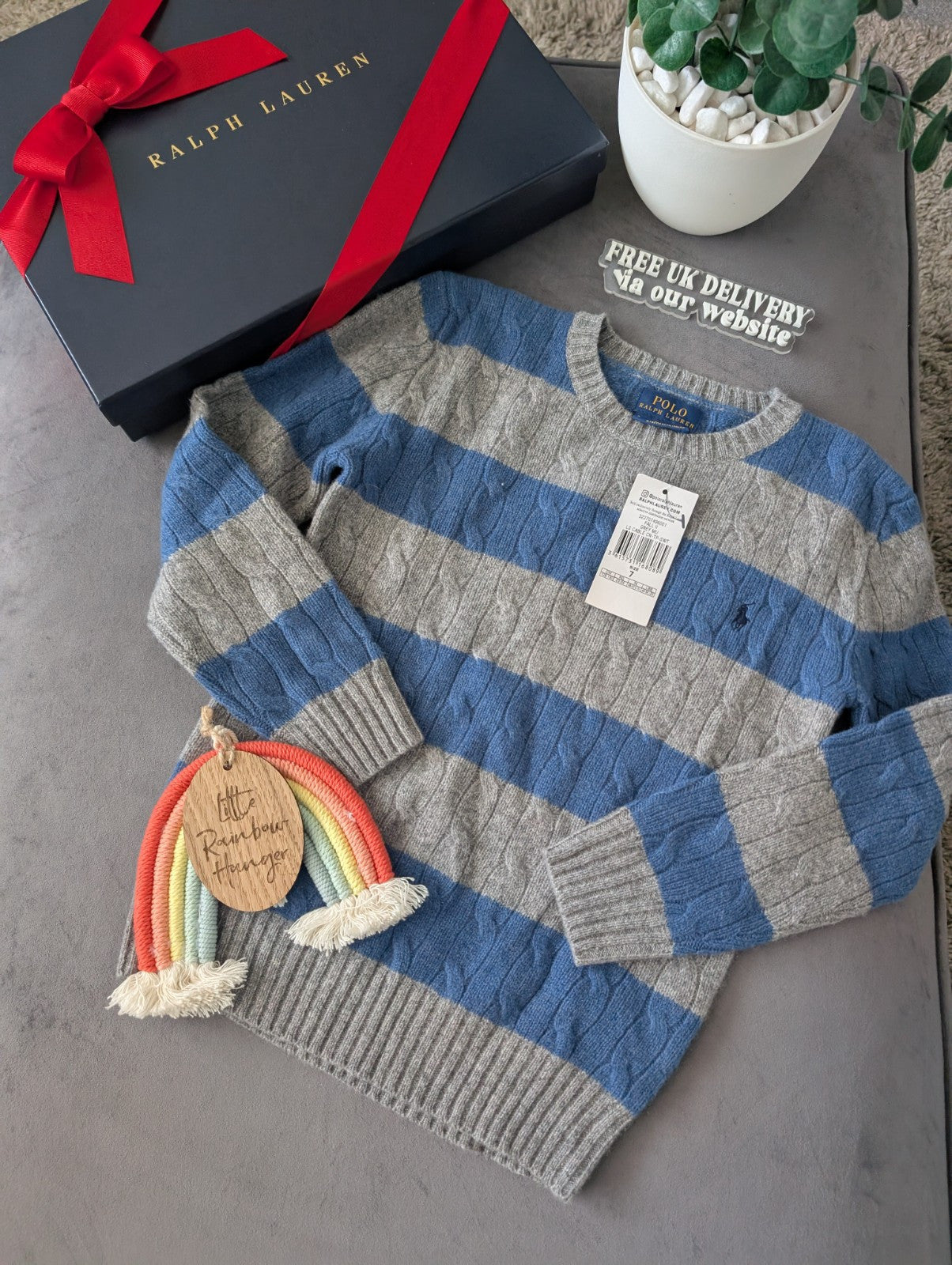 New Boys Ralph Lauren Blue Grey Stripe Cable knit jumper Cashmere Blend 6/7yr