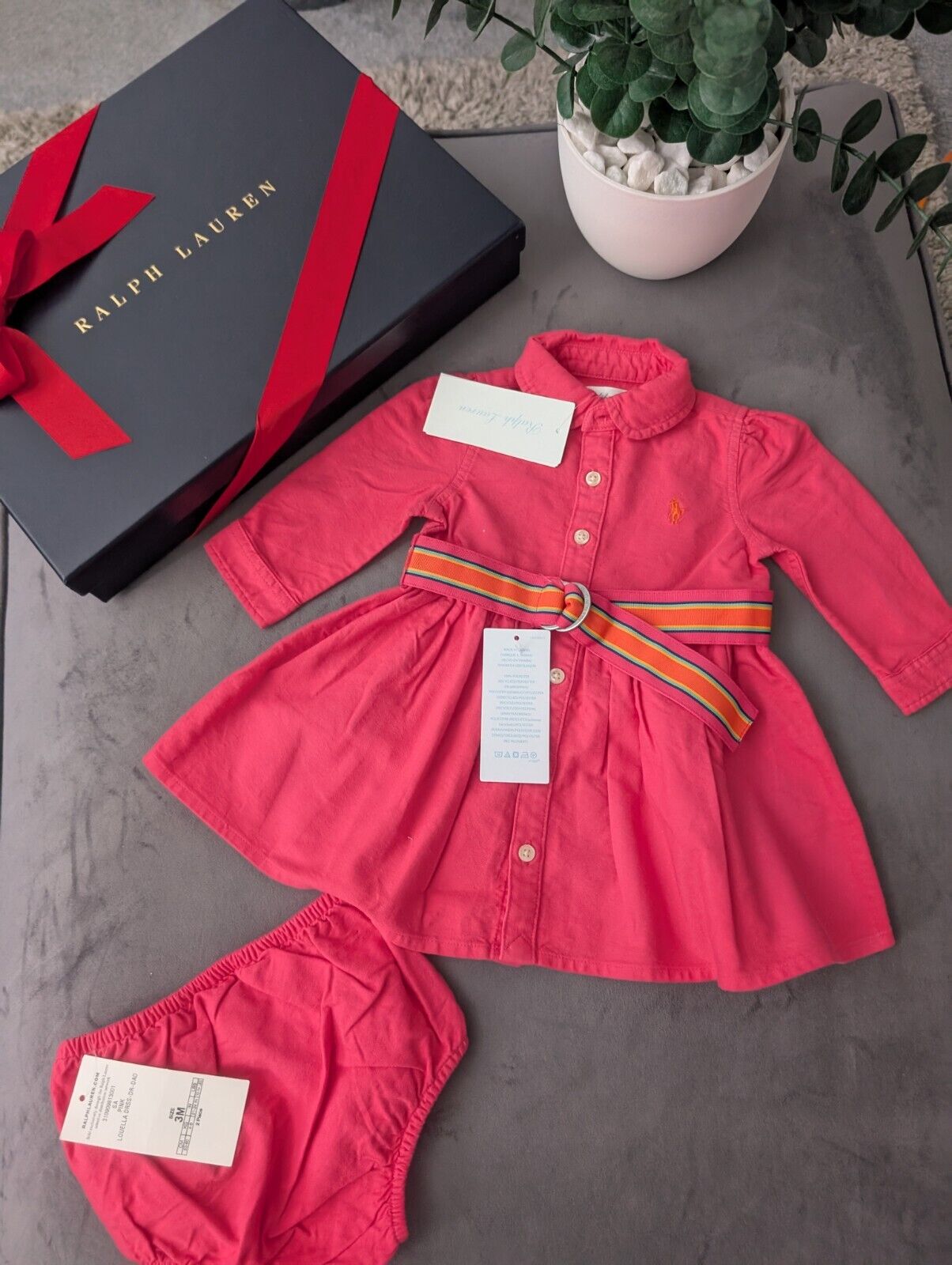 (Copy) Ralph Lauren Polo girls buttoned Oxford Shirt dress Pink Belt Yellow 0-3m Gift