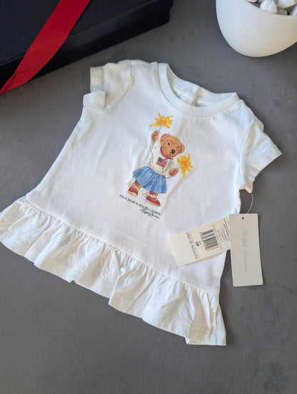 New Cute Gift Ralph Lauren girls White polo bear T-Shirt Bear Peplum Dress 3-6m