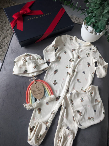 New Ralph Lauren Girls Pink Baby 3 Piece Gift Set Farmhouse 6-9m Ivory RRP£115