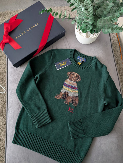 New 2024 Ralph Lauren Green Unisex Dog Knit Jumper Sweater Moss 10-12y £159 Gift