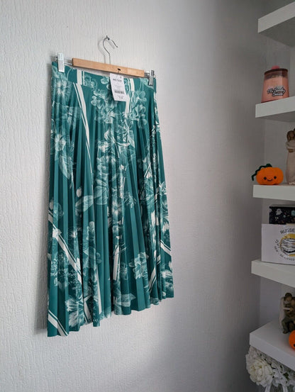 Next Green Floral Pleated Midi Scuba Skirt Elastic Waist Size 10 Autumn Casual