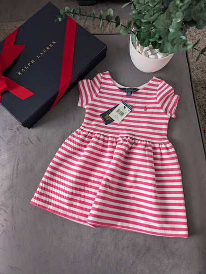 New Stunning Girls Ralph Lauren Pink Ribbed Stripe Dress Occasion Age 2 Gift