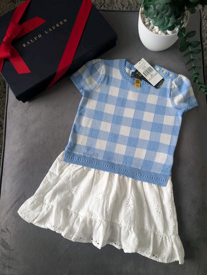 New Ralph Lauren Gorgeous Girls Tartan Jumper Dress Blue Embroidery Anglaise 3y