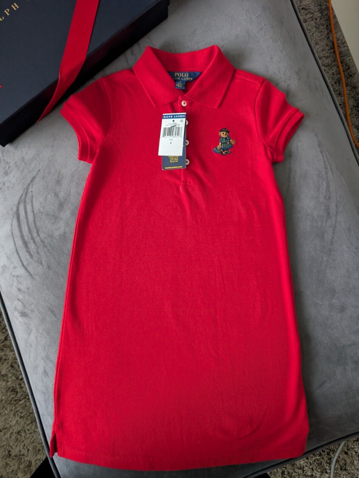 New Ralph Lauren Girls Red Polo Dress Teddy Bear Design Embroider 6y Gift Smart