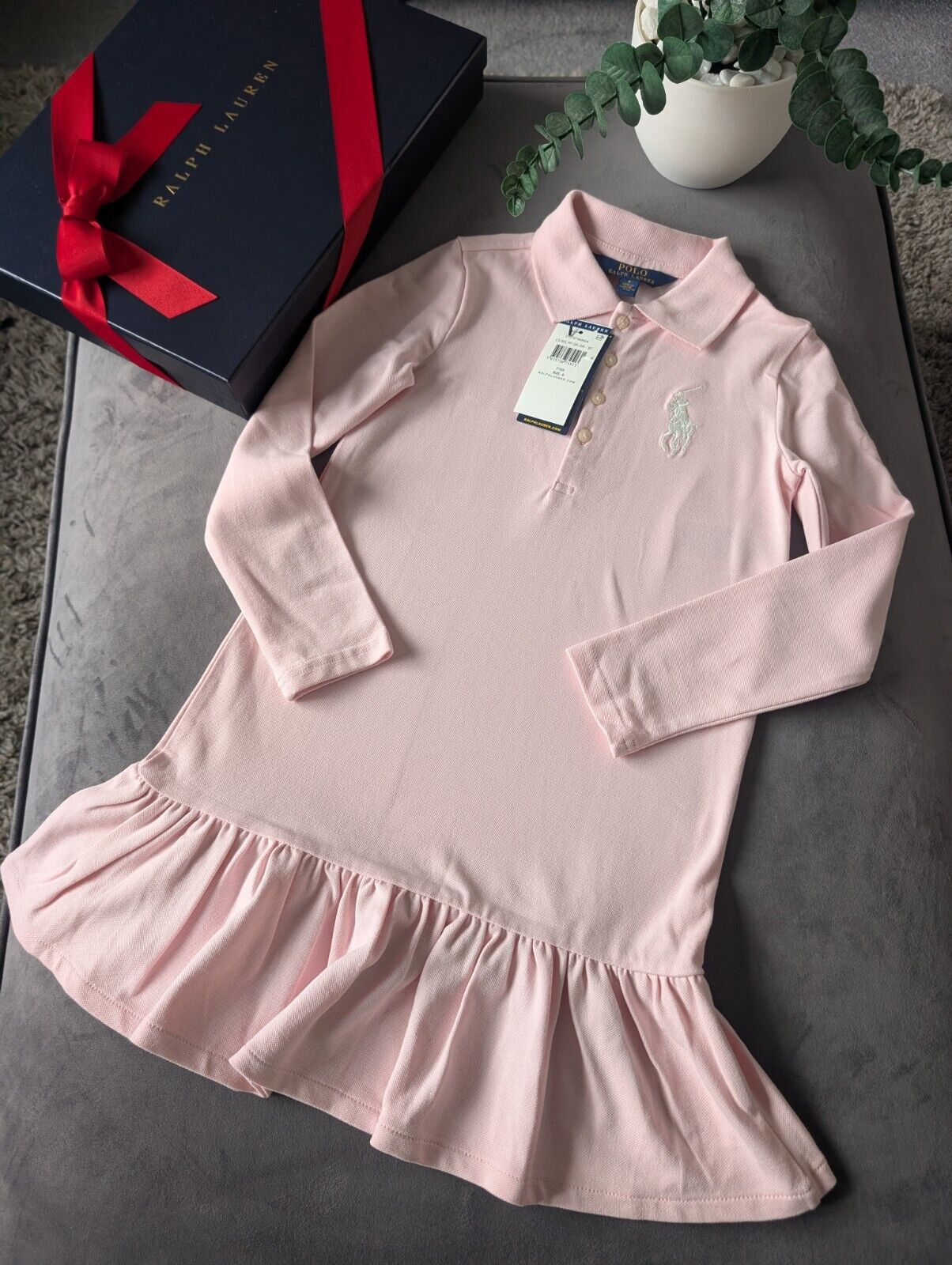 New Ralph Lauren girls Baby Pink Polo dress long sleeve frill age 6  gift