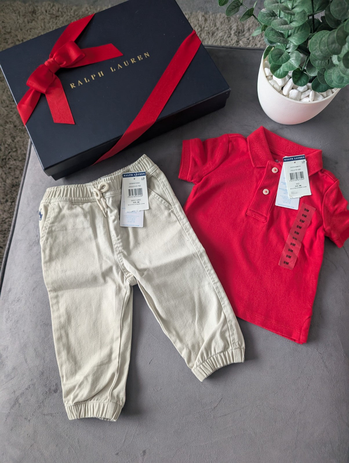 New adorable Ralph Lauren boys Polo Shirt Red  + Chino Trousers Age 6-9m Gift