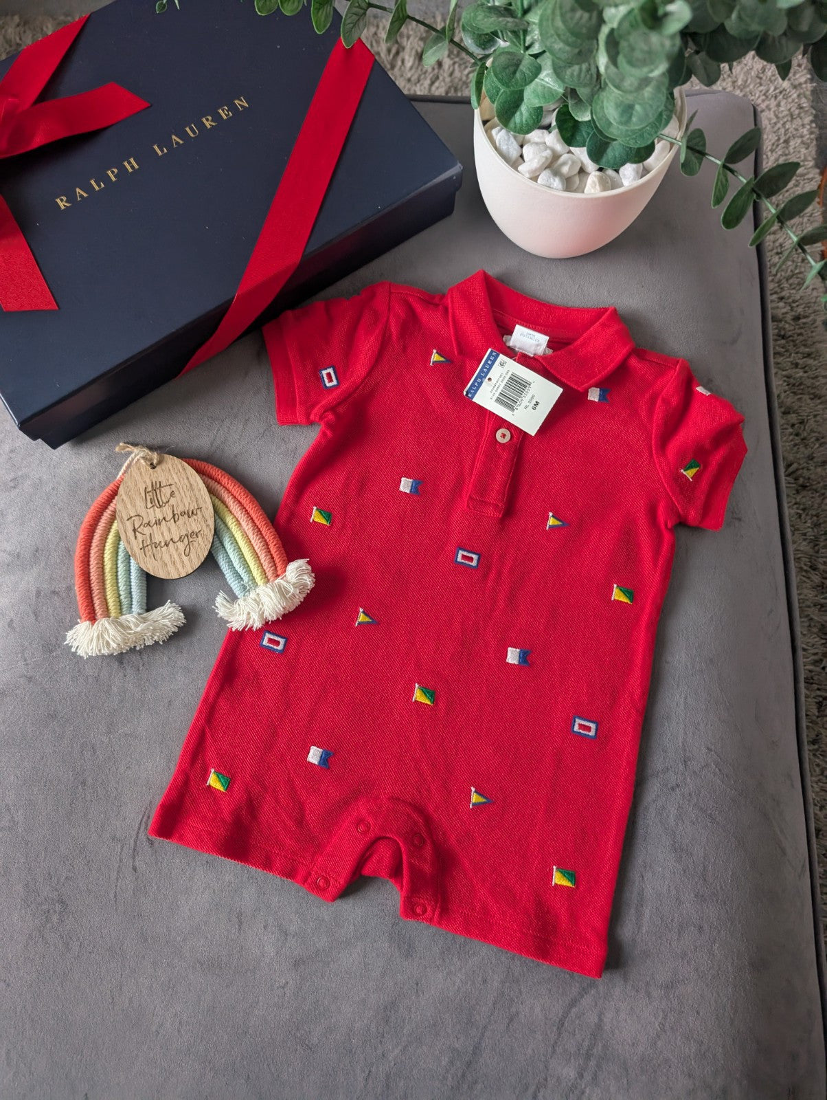 New Ralph Lauren Baby Boy Red Embroidery Flag Romper Gift 3-6m Summer Holidays