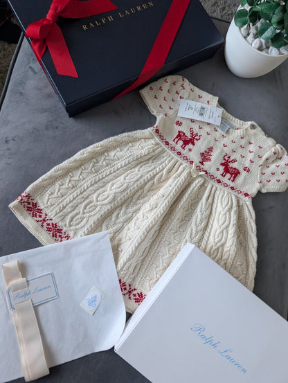 New stunning girls Ralph Lauren Christmas cable knit dress + gift box 9-12m Gift