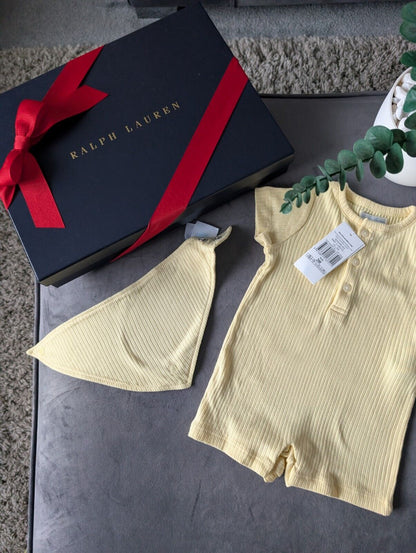 New Ralph Lauren Baby Boy Romper Yellow + Bib Pony Logo Gift New 0-3m  £70