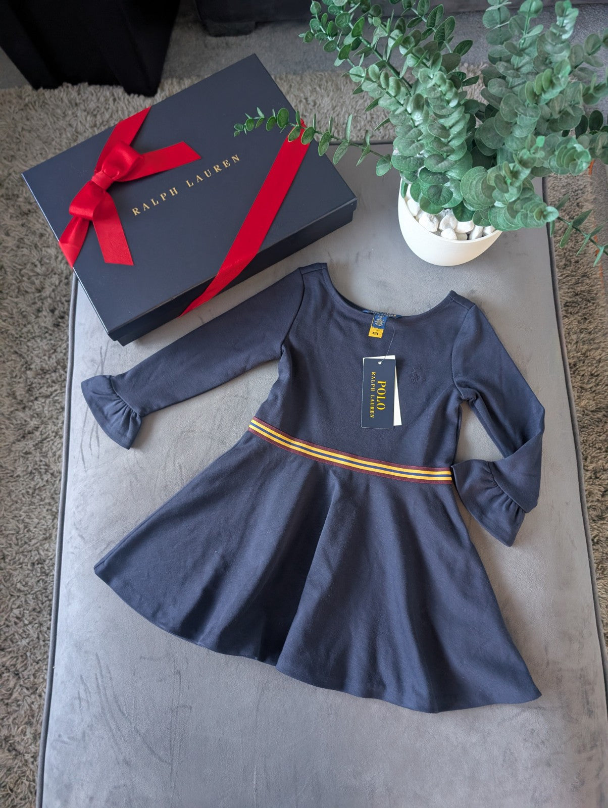 New Stunning Ralph Lauren Girls Ponte Frill Sleeve Navy Dress Belted Gift 2y