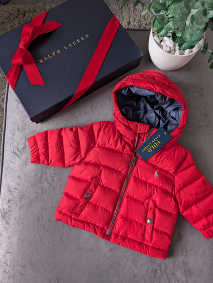 New Ralph Lauren Boys Polo Red Down Filled Jacket Puffer Coat Smart Warm 3-6m