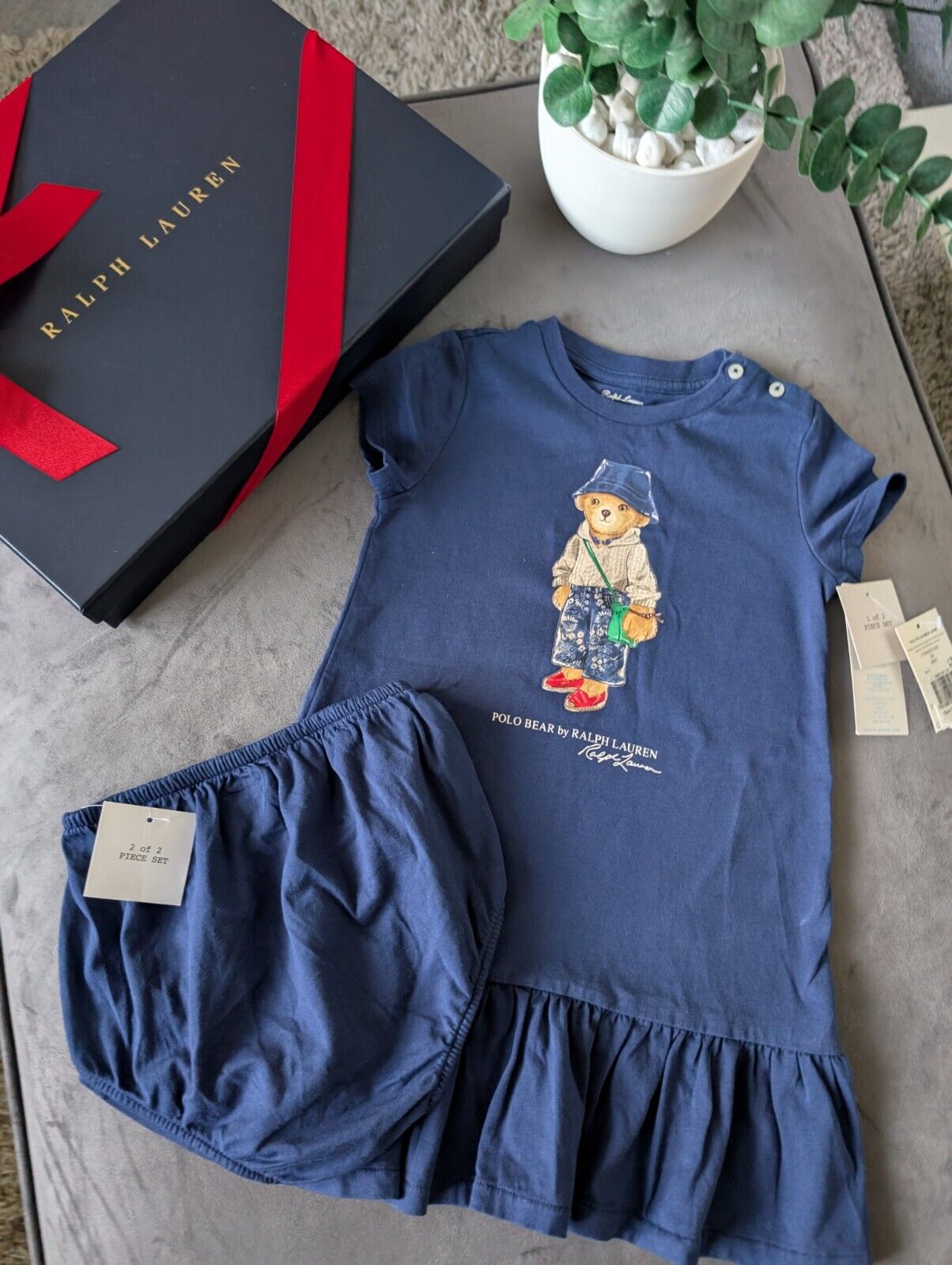 New Gorgeous Ralph Lauren Girls Navy Dress + Bloomers Age 2 Gift Gift Bear