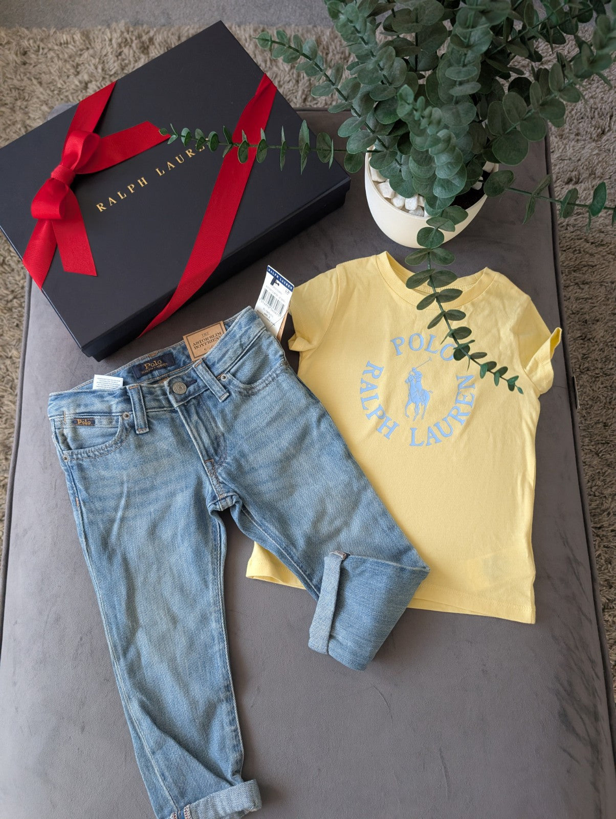 New Ralph Lauren Girls Yellow T Shirt + Blue Denim Boyfriend Jeans Summer 2yrs