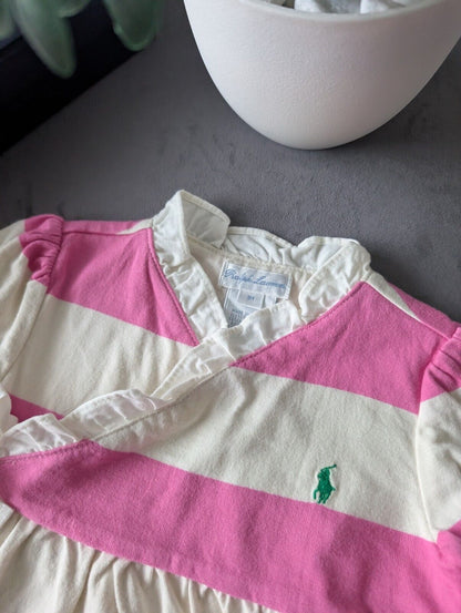 New Stunning Ralph Lauren Baby Girls Pink White Stripe Dress + Bloomer 6-9m Gift