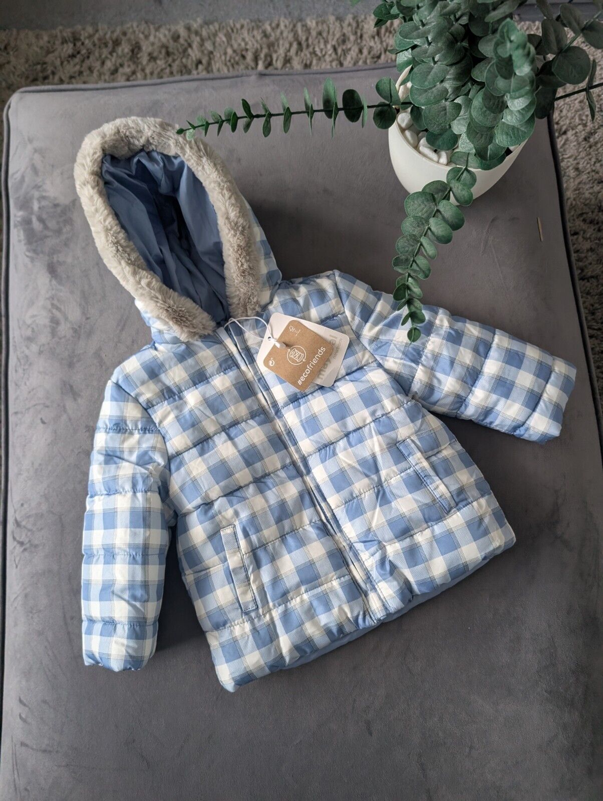 New Baby Mayoral Padded Winter Coat Age 6/9mth Blue Check Fur Trim Hood Gift