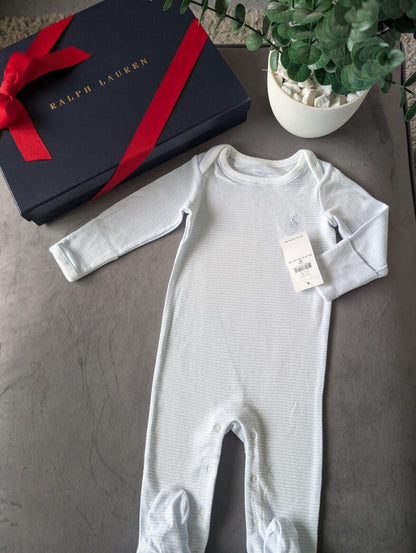 New Ralph Lauren Baby Boys Blue Stripe All In One Babygrow Gift 3-6m Newborn