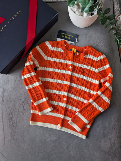 New Ralph Lauren Girls Knitted Cardigan 4 Years BNWT Orange White Stripe Gift