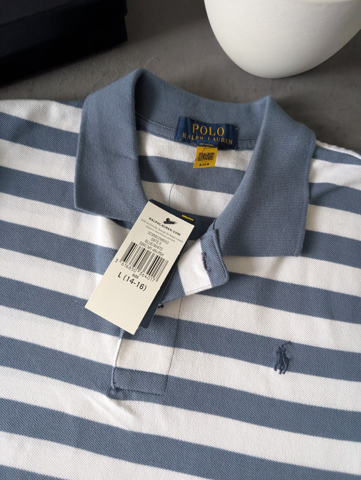 New Ralph Lauren Boys Smart Stripe Short Sleeve Polo Blue White  14y Boys