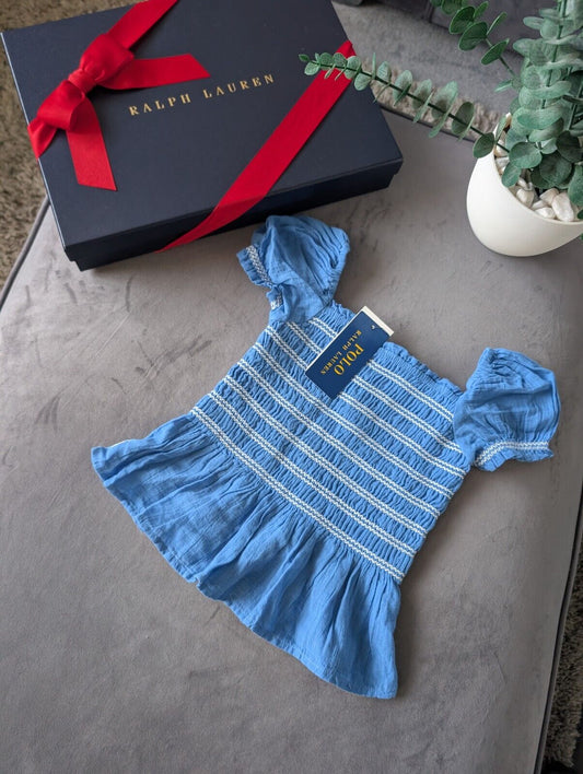 New Ralph Lauren Girls Blue Smocked Peplum Summer Shirred Top Age 4 Holiday Cute